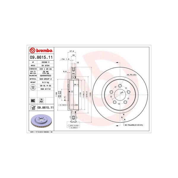 Bromsskiva Ventilerad, Bakaxel Brembo Coated disc line 09.8615.11 BREMBO Bromsskiva Ventilerad, Bakaxel Brembo Coated disc line 09.8615.11 BREMBO