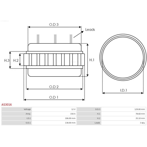 Stator, generator 12V 150A As-pl AS3016 AS-PL Stator, generator 12V 150A As-pl AS3016 AS-PL