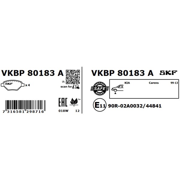 Bromsbeläggsats, Framaxel Skf VKBP 80183 A SKF Bromsbeläggsats, Framaxel Skf VKBP 80183 A SKF